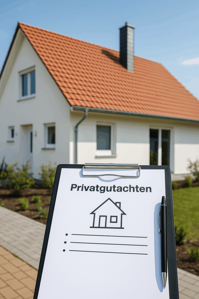 Klemmbrett mit Gutachtenformular vor Einfamilienhaus – Symbolbild für Privatgutachten im Bauwesen