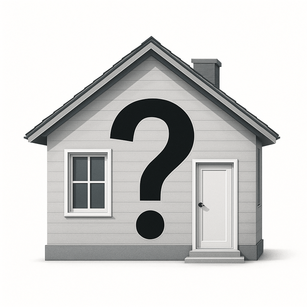 Haus mit großem Fragezeichen als Symbol für häufig gestellte Fragen zu Gutachten, Kaufberatung und Qualitätskontrollen.